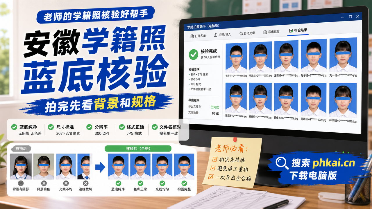 安徽省中小学转学补录学籍照旧照补拍混在一起?学籍拍照助手电脑版采集AI裁切换底导出