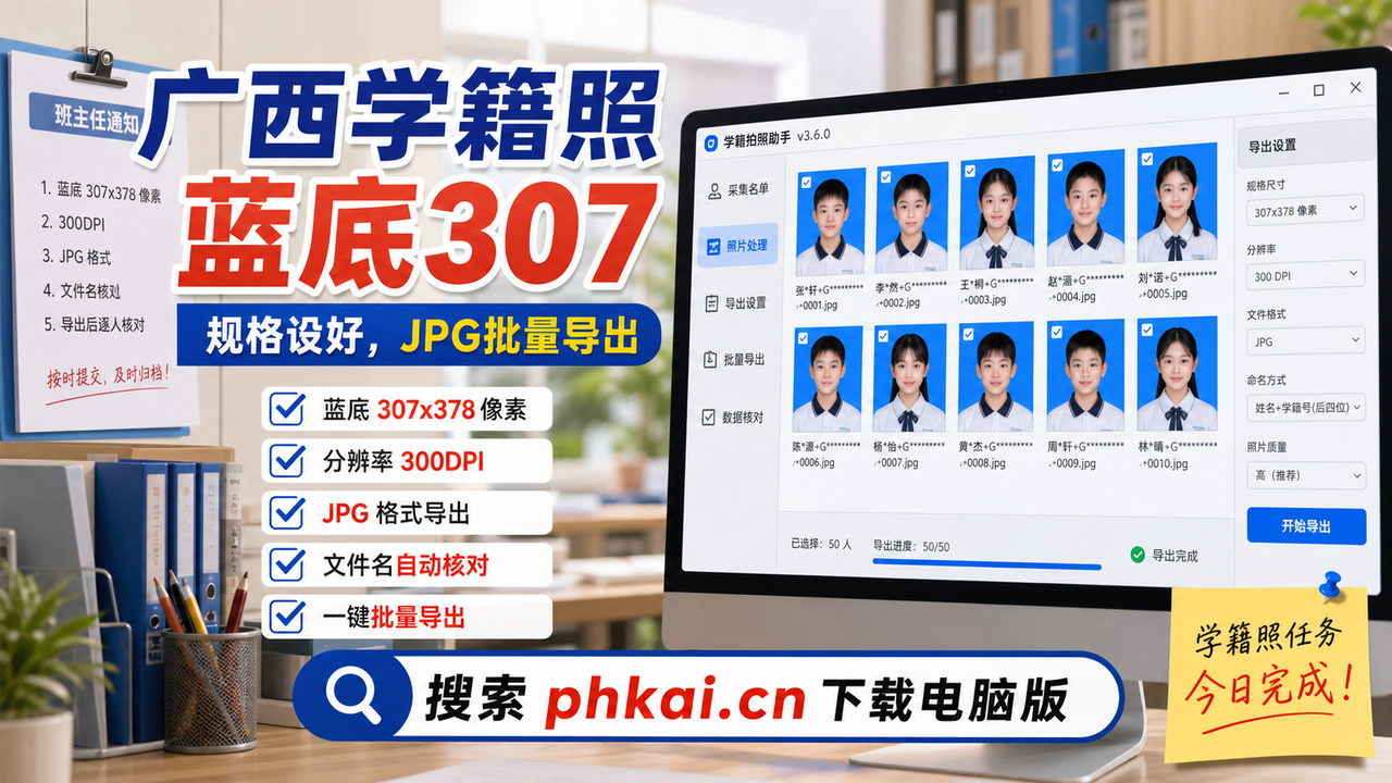 广西壮族自治区中小学教室里采学籍照能交蓝底吗?学籍拍照助手电脑版AI换底导出核验