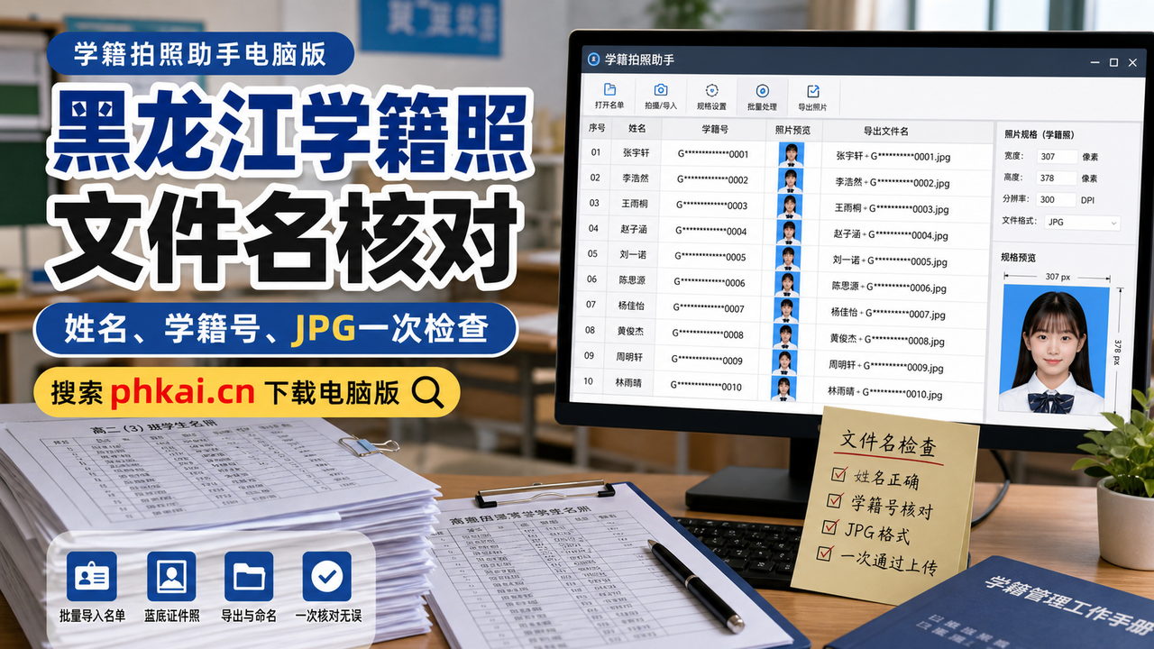 黑龙江省中小学教室白墙拍学籍照背景杂?学籍拍照助手电脑版AI裁切换蓝底导出