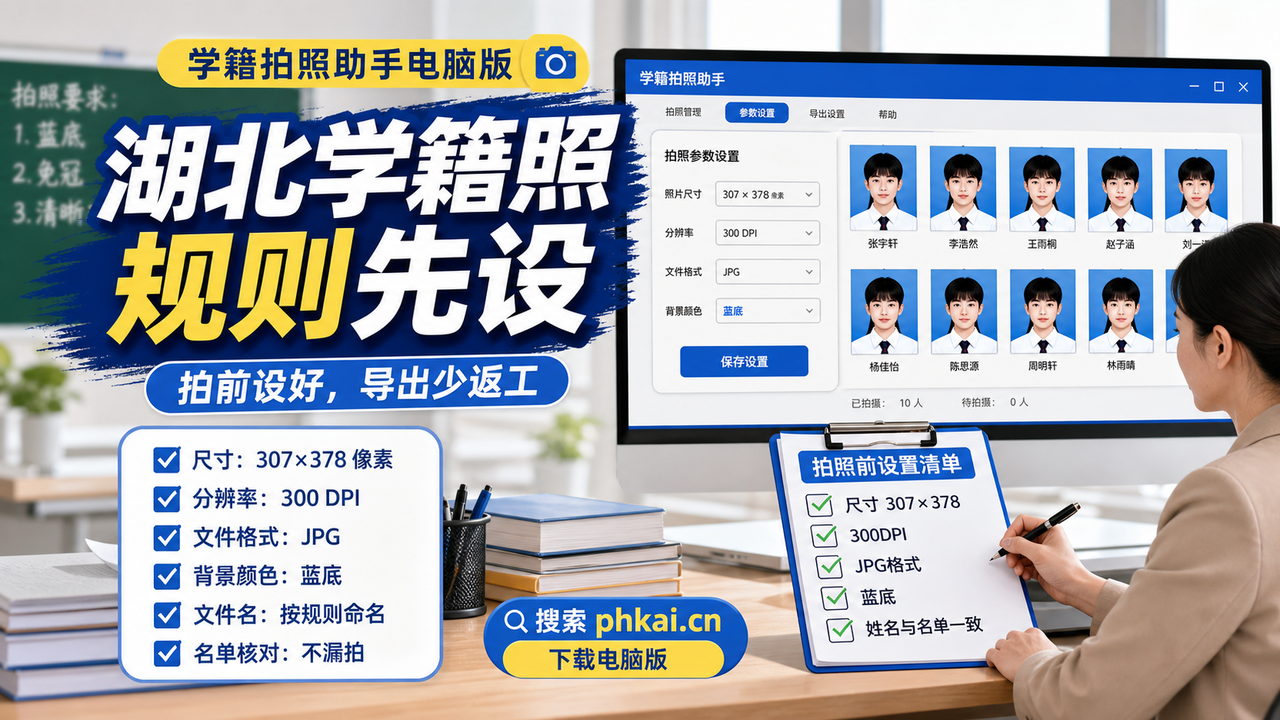 湖北省中小学临时拍学籍照头肩比例忽大忽小?学籍拍照助手电脑版按名单AI裁切导出核验