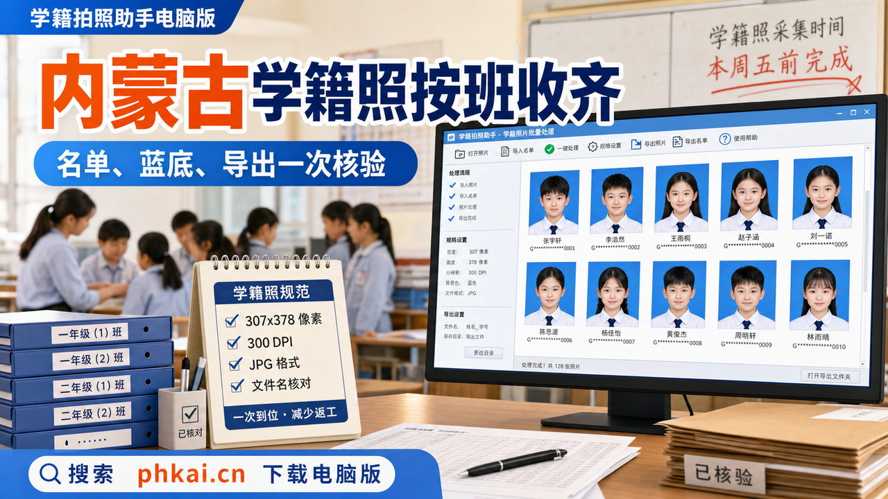内蒙古自治区中小学旗县学籍照怕班级漏交?学籍拍照助手电脑版采集换底按班导出