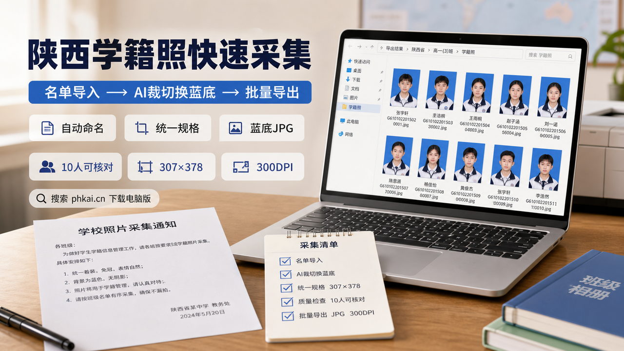 陕西省中小学接到学籍照采集通知,学籍拍照助手电脑版按姓名+学籍号命名AI裁切导出